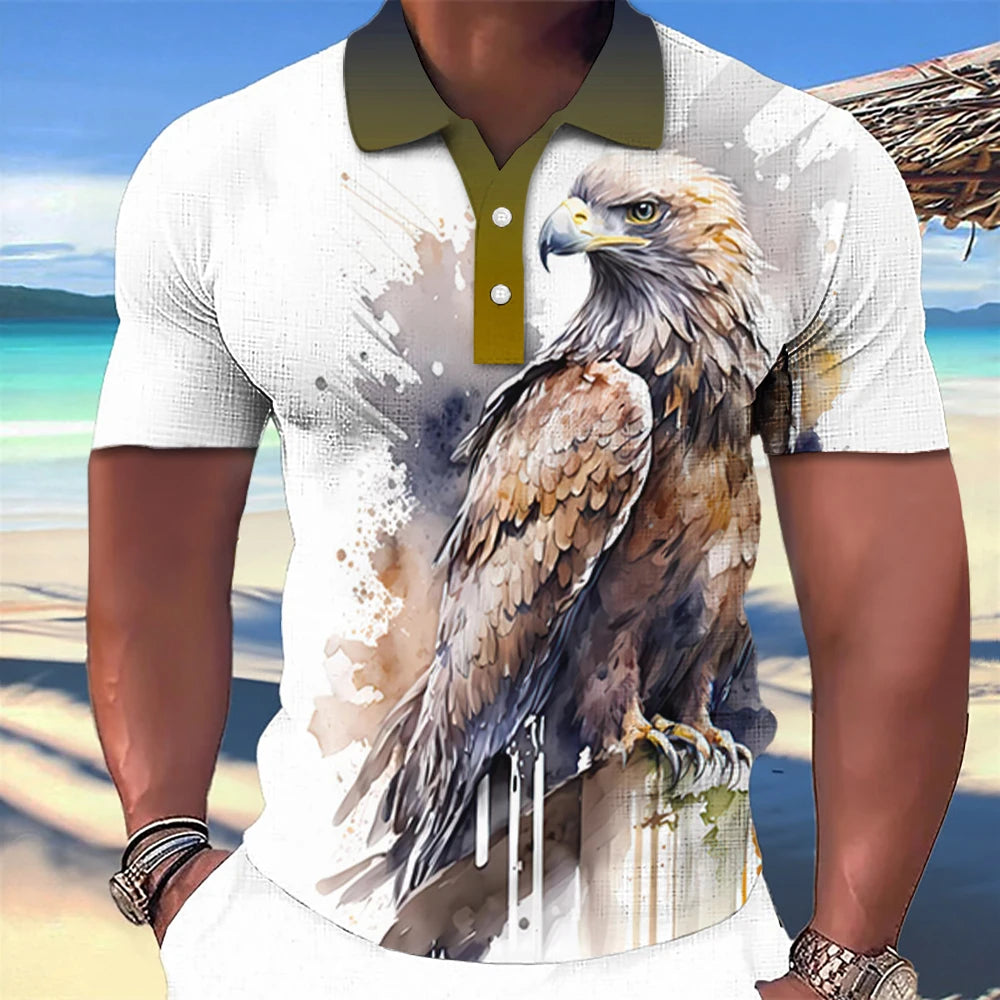 Men’s Polo Shirt with 3D Wolf & Eagle Print – High-Quality Summer Casual Loose Fit Short Sleeve Tee