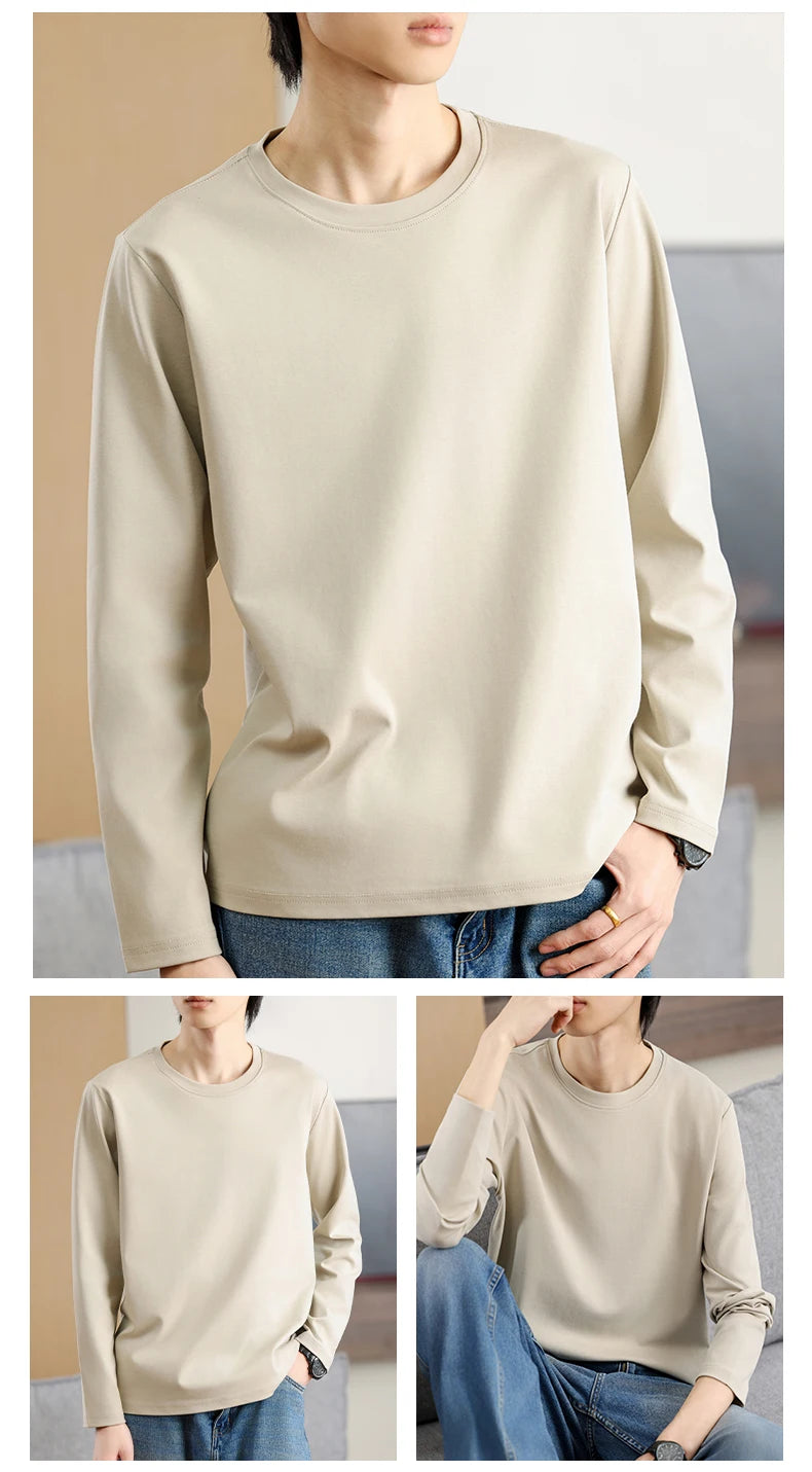 Men's Summer Long Sleeve T-shirt – Solid Color, Round Neck, Casual Style, Made from Mercerized Cotton