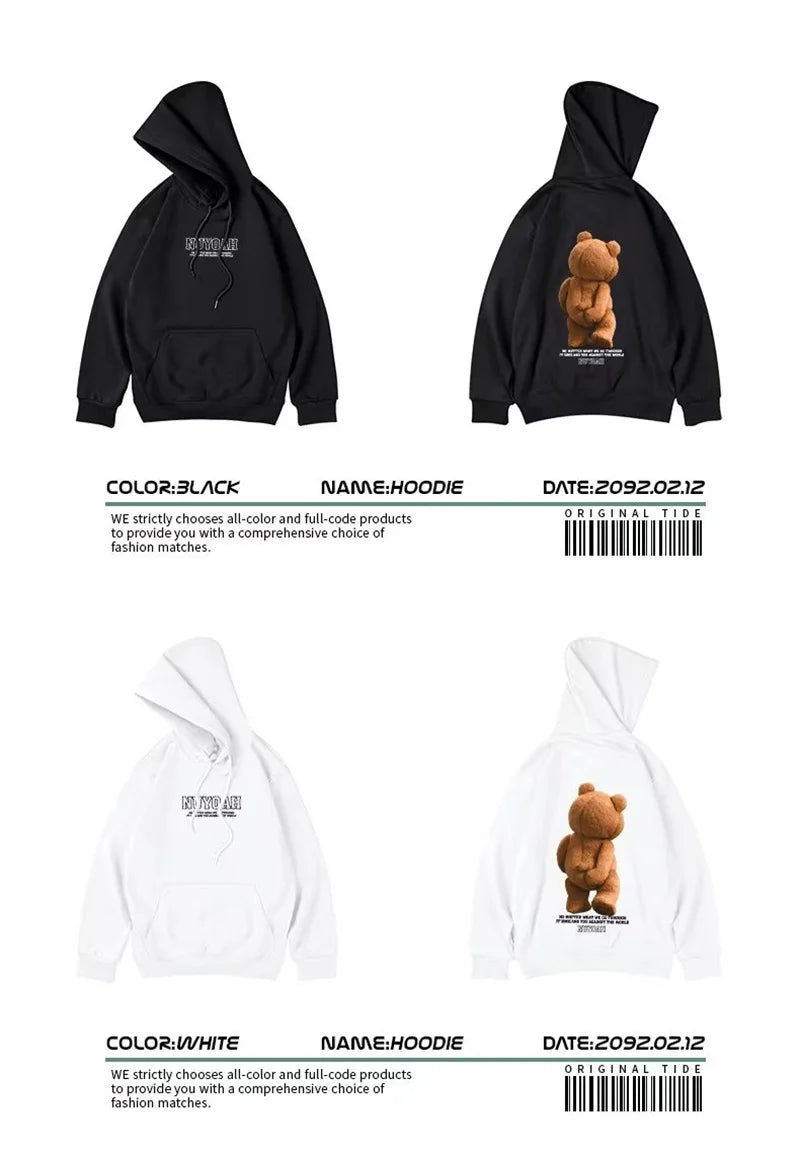 Men’s Autumn Kawaii Bear Graphic Pullover Hoodie – Hip Hop Streetwear with Pocket, Y2K Vintage Style