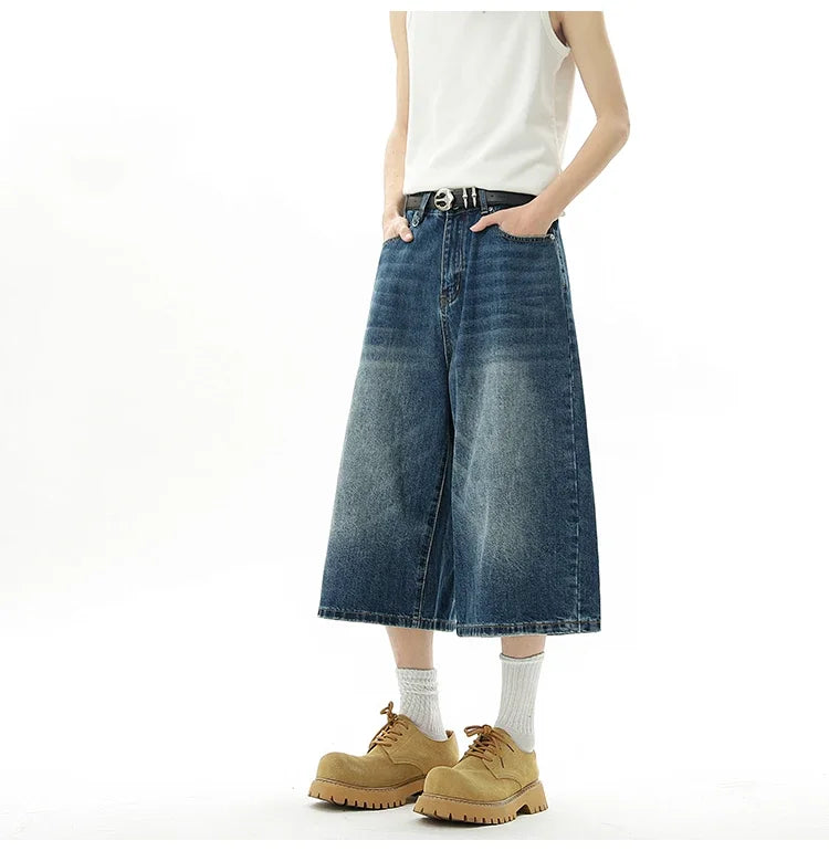 Men's Baggy Denim Shorts – Retro Y2K Casual Wide-Leg Calf-Length Jeans for Summer Streetwear
