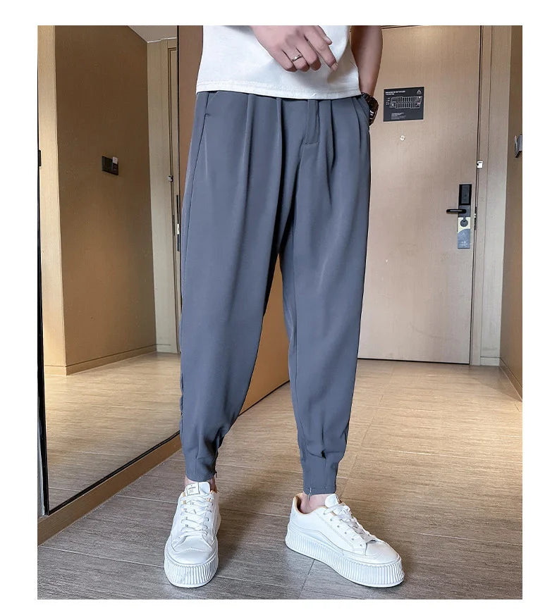 Men’s Spring & Summer Casual Solid Color Ice Silk Trousers — Korean Style Slim Ankle Pants with Zipper Detail, Smooth & Lightweight for a Handsome Look