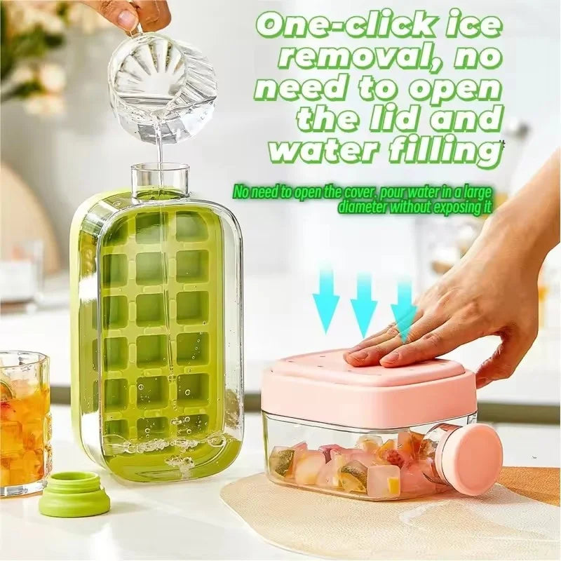 No-Spill Ice Cube Tray with Lid – Touch-Free Silicone Ice Mold for Freezer with Straw & Cable Tie