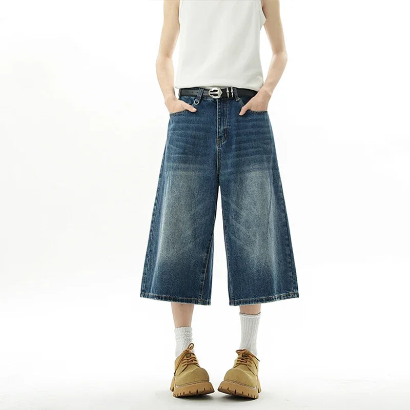 Men's Baggy Denim Shorts – Retro Y2K Casual Wide-Leg Calf-Length Jeans for Summer Streetwear