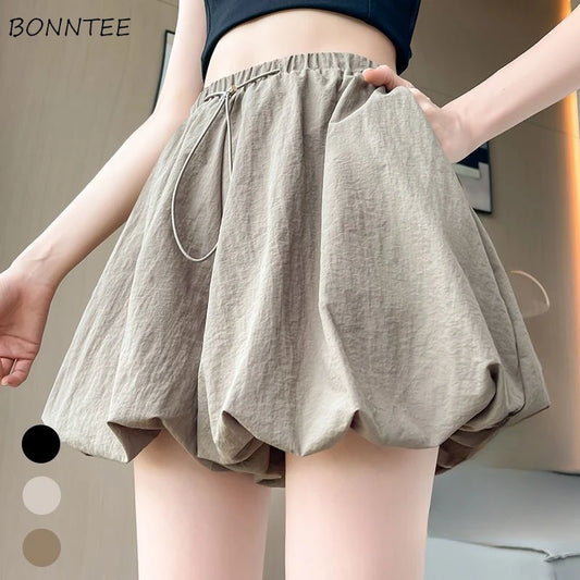 Women's High-Waist Lantern Shorts – Casual Summer Streetwear with Pockets, Relaxed Fit for Students, Youth, and Everyday Wear