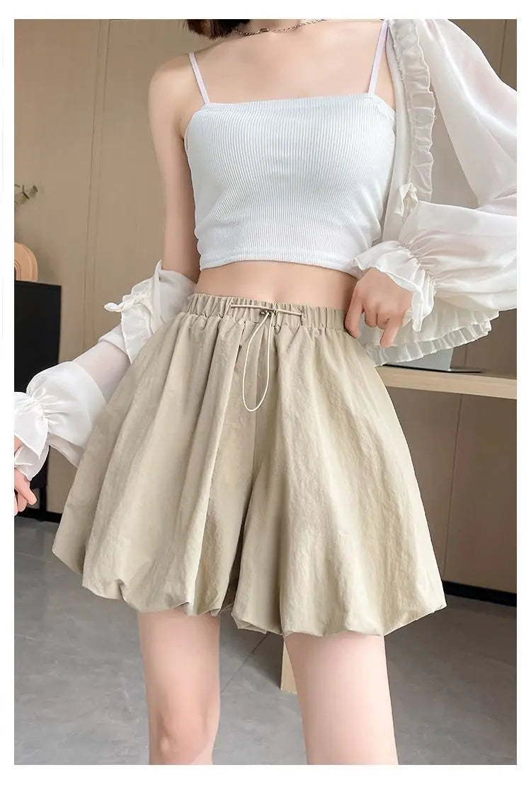 Women's High-Waist Lantern Shorts – Casual Summer Streetwear with Pockets, Relaxed Fit for Students, Youth, and Everyday Wear