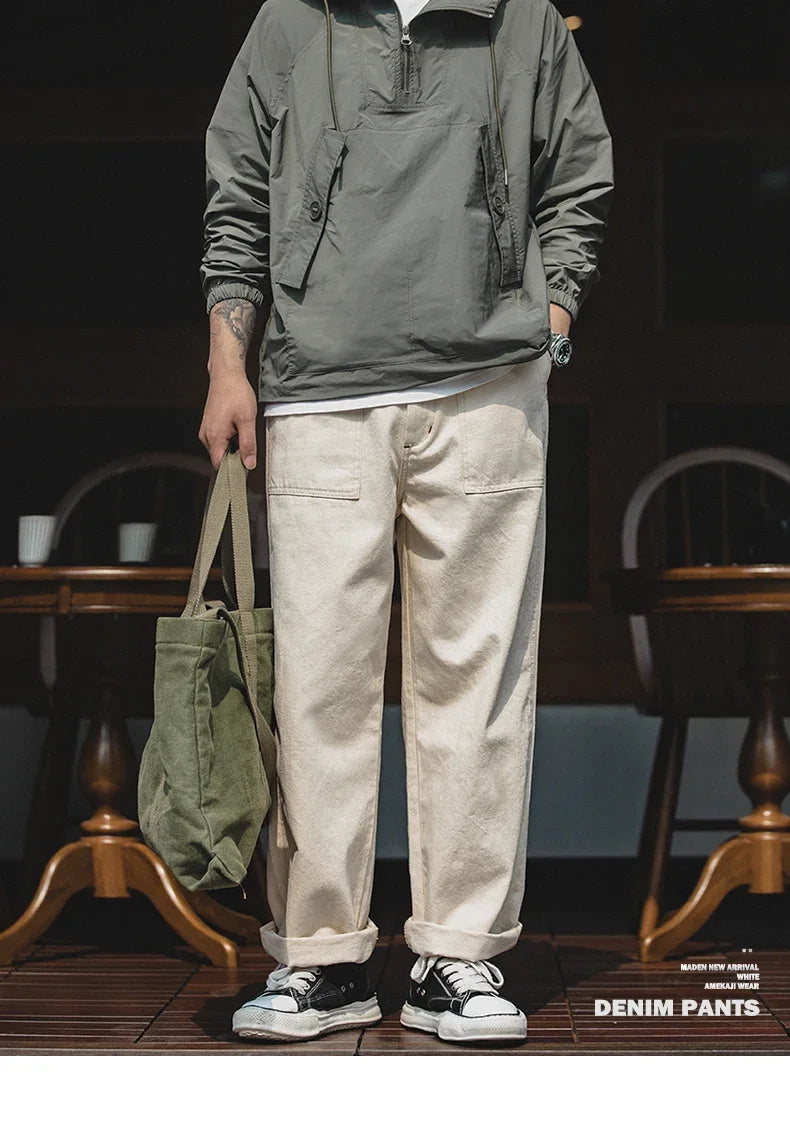 Maden Men's 11.2oz Retro White Cotton Denim Jeans – Loose Straight Fit Casual Long Pants, Streetwear-Inspired Cargo Sweatpants