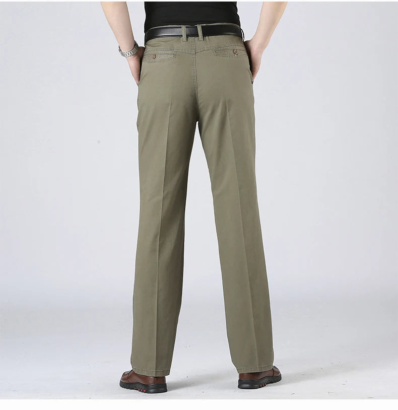 Men's Solid Cotton Straight-Leg Chino Pants – Business Casual Trousers with Belt, Ideal for Autumn & Winter – Classic Formal Style for Adults & Seniors