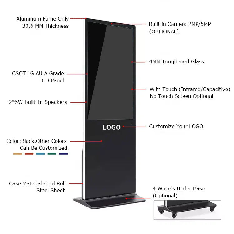 55-Inch Floor-Standing Interactive Touchscreen Kiosk – Vertical LCD Digital Signage Advertising Display Panel