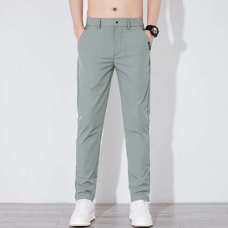 Men's Summer Silk-Feel Stretch Trousers – Lightweight Classic Business Casual Pants with Elastic Waist – Korean Style Smooth Suit Pants in Black or Gray
