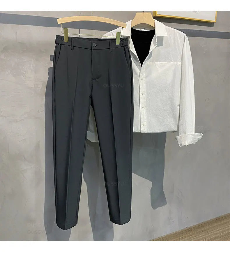 2025 Spring-Summer Men's Slim Fit Casual Business Jogger Pants with Elastic Waist, Available in Plus Sizes 40 and 42, Black