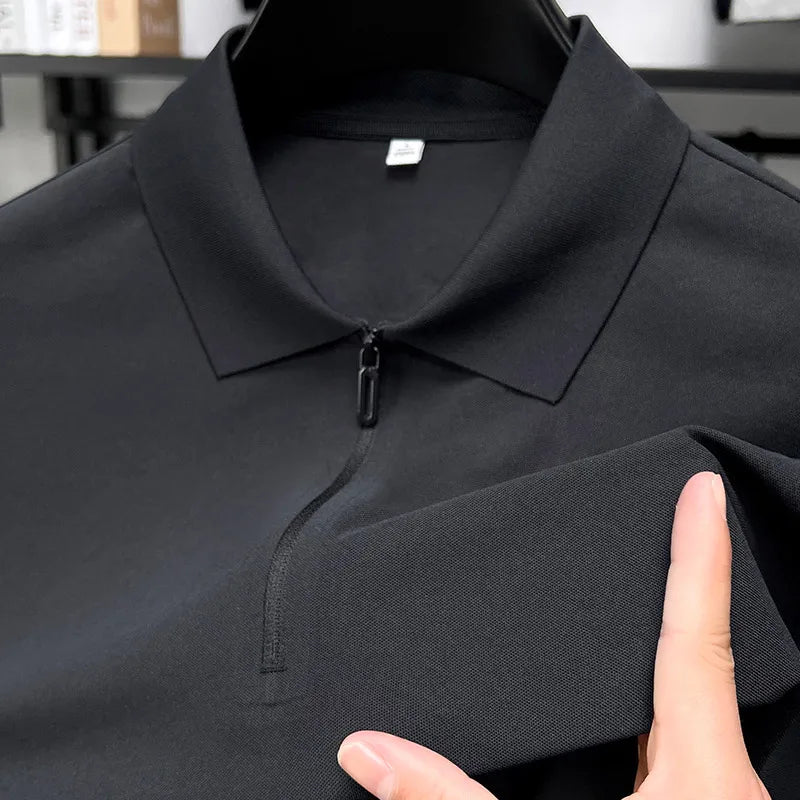 Men’s Slim Fit Half-Zip Polo Shirt – Light Beige Stretch Cotton Casual Top with Classic Collar