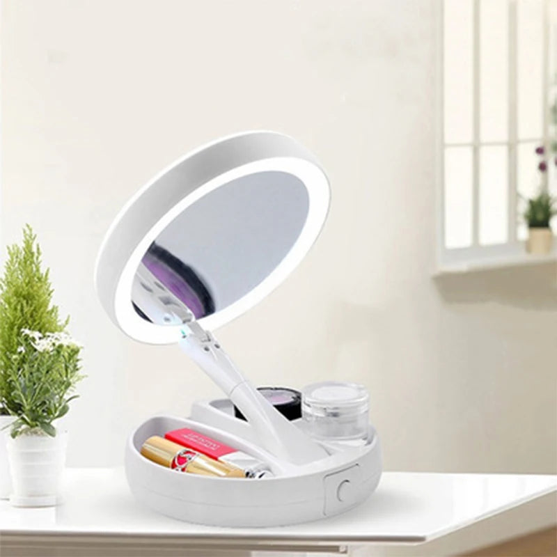 Dual-Powered LED Makeup Mirror – Portable Double-Sided Mirror with 10X Magnification, Battery/USB Operated