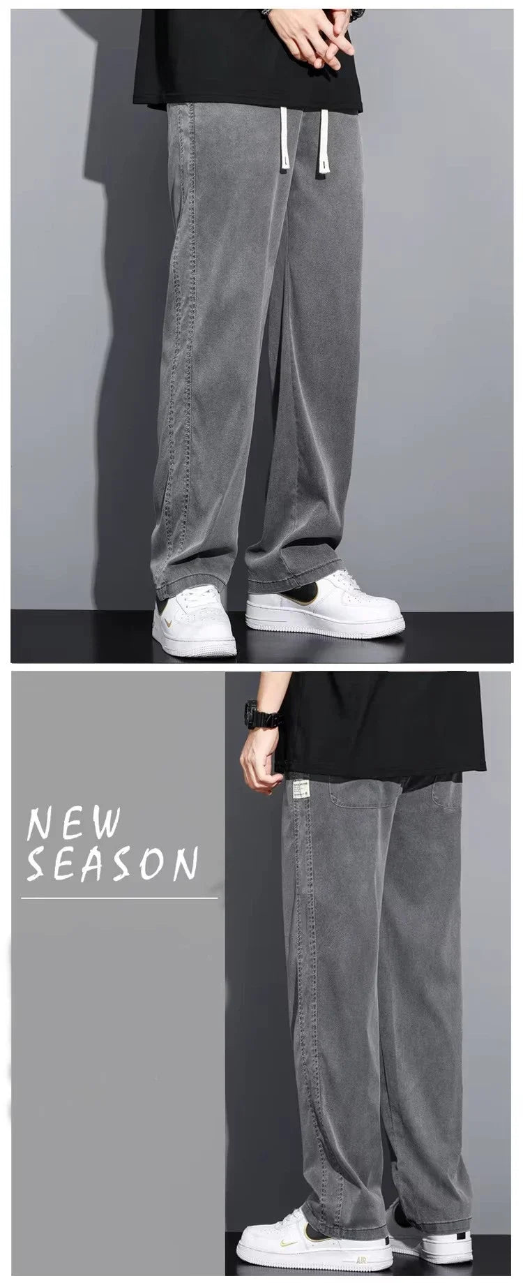 2025 Summer Men's Lightweight Lyocell Jeans – Loose Fit, Straight-Leg Casual Pants with Elastic Waist and Drawstring, Korean Style 