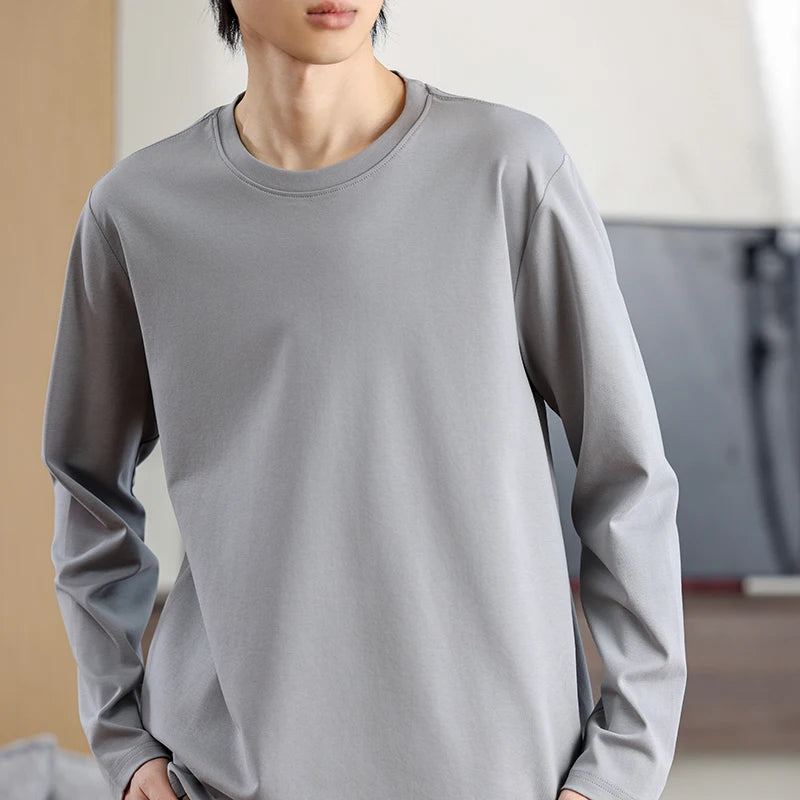 Men's Summer Long Sleeve T-shirt – Solid Color, Round Neck, Casual Style, Made from Mercerized Cotton