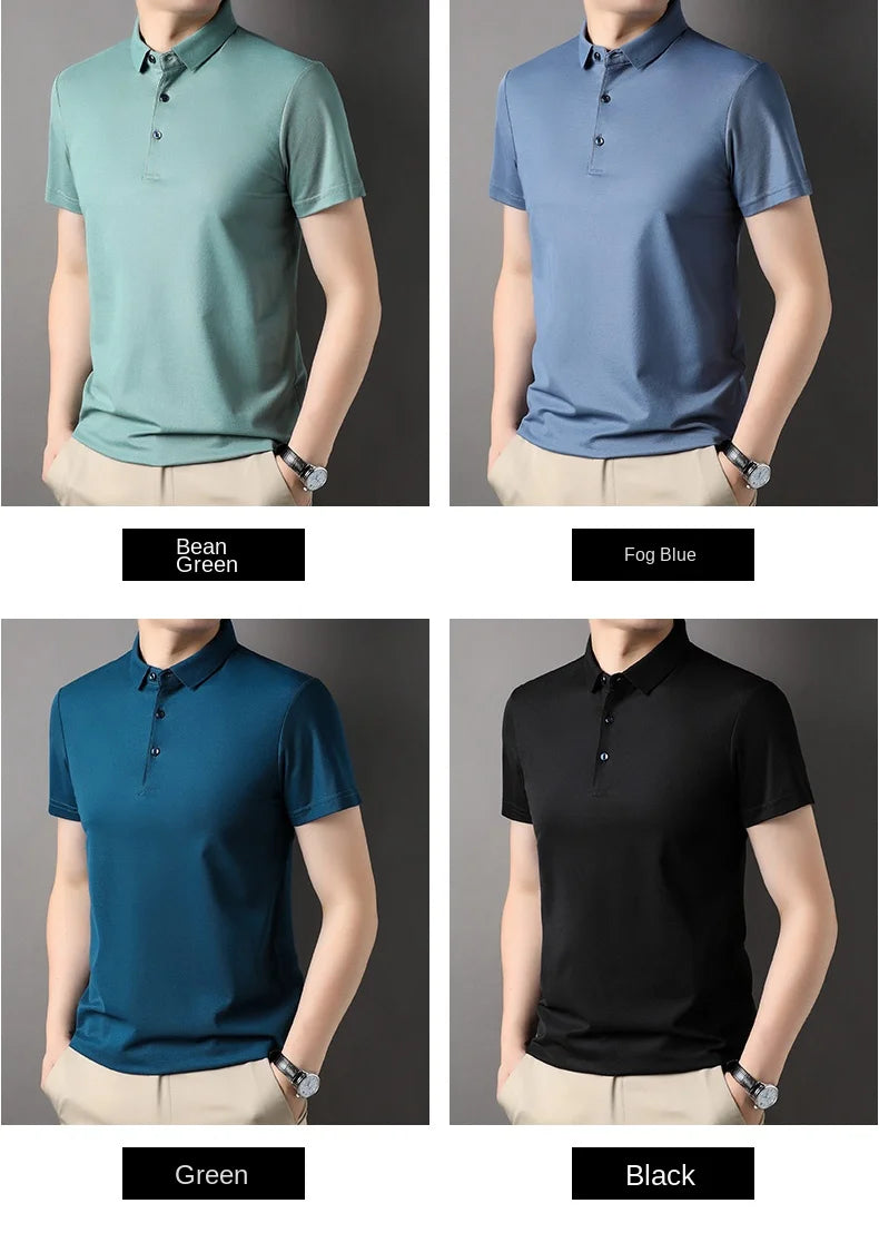 Luxury Summer Men’s Polo Shirt – Premium Plain Design with 4.7% Mulberry Silk, Short Sleeve, Lightweight Casual Fashion Top