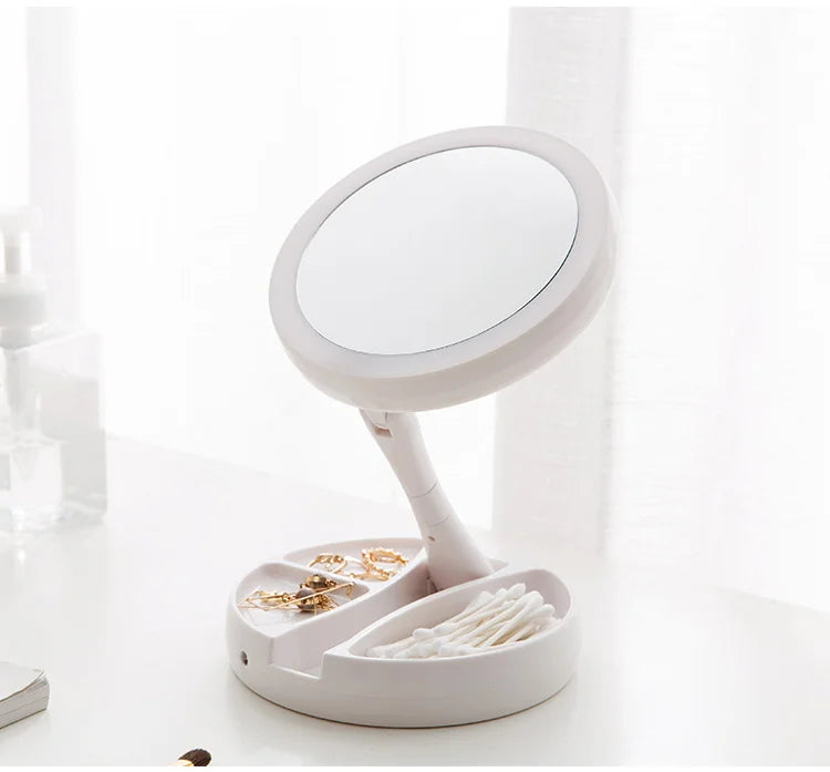 Dual-Powered LED Makeup Mirror – Portable Double-Sided Mirror with 10X Magnification, Battery/USB Operated