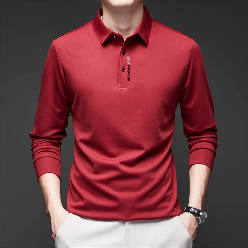 Men's Long Sleeve Polo Shirt – Solid Color, Business Casual, Stylish & Breathable Shirt with Badge Design