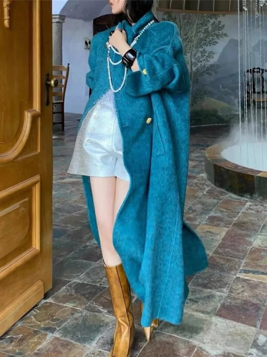 ZMEENNA Elegant Blue Wool Blend Long Winter Coat for Women – Double-Breasted Lapel Overcoat with Loose Fit and Warm Design (Model ZM3425)