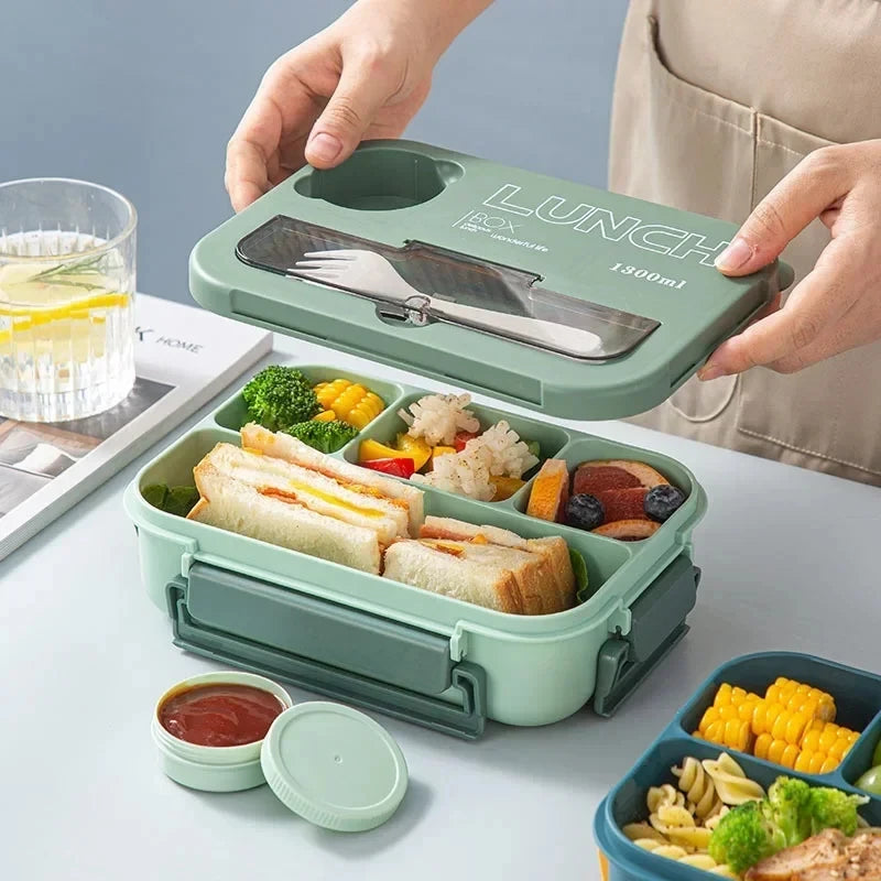 1300ML 4-Compartment Bento Lunch Box with Cutlery – Microwave & Dishwasher Safe, Leakproof Food Container for School, Work & Adults