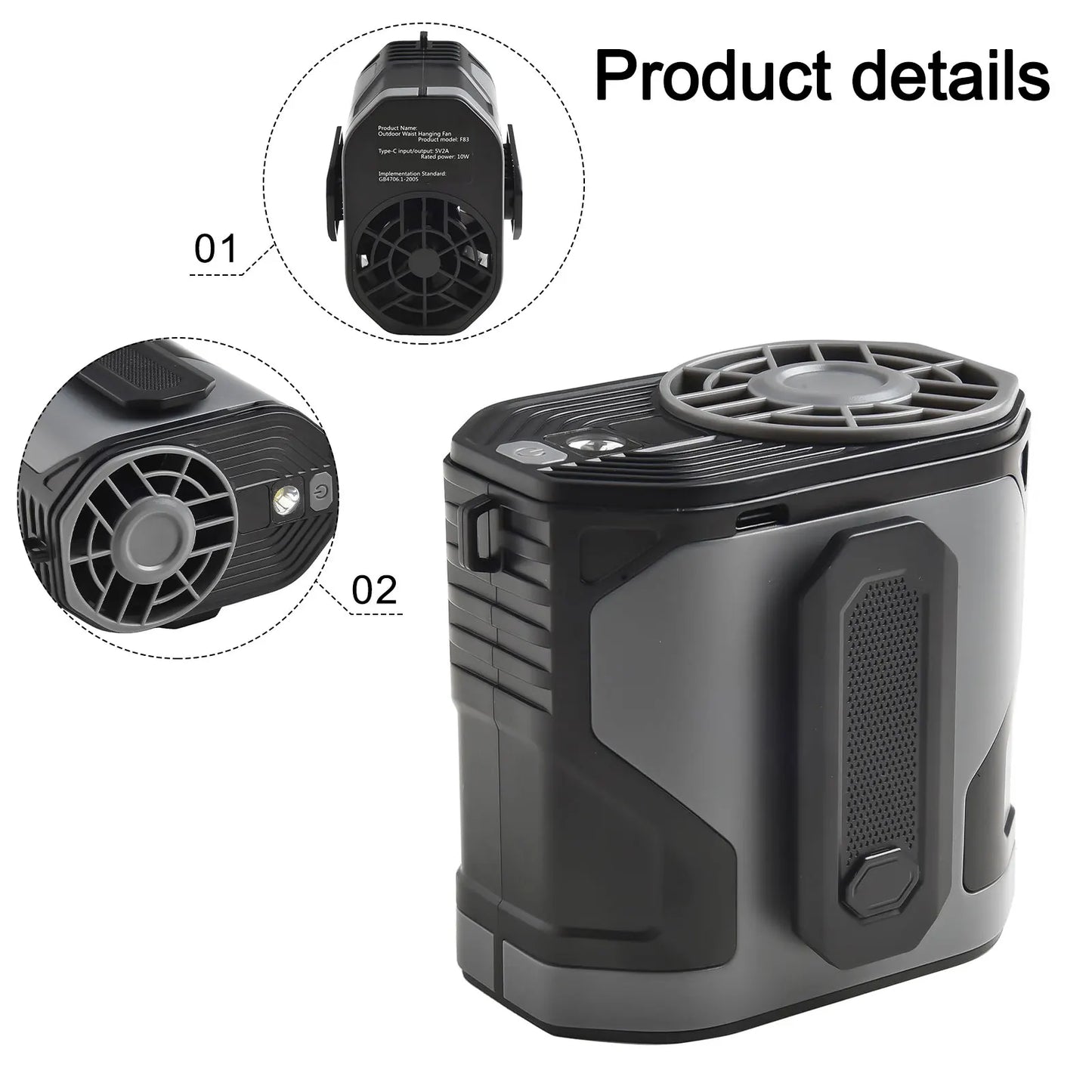 Portable Waist Clip Fan with Adjustable Speeds & LED Light – Hands-Free Cooling for Outdoor Activities
