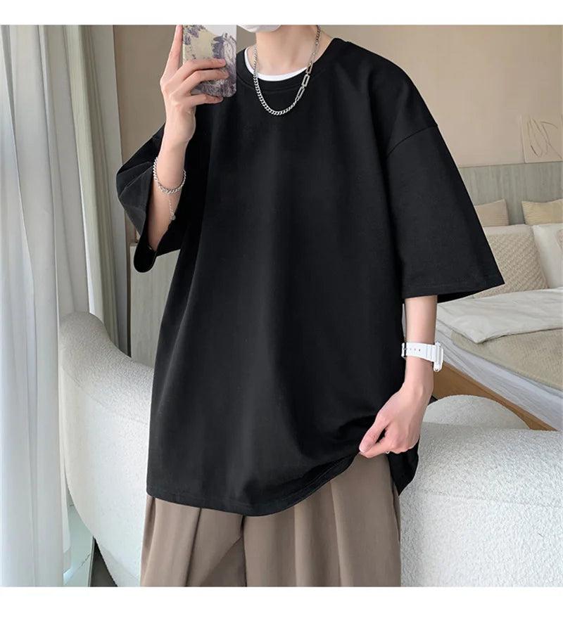Men’s Oversized White Cotton T-Shirt – Solid Color Summer Casual Fashion Tee, Size up to 5XL