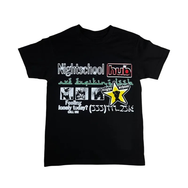 Y2K-Inspired Gothic Graphic Tee with Night School Print for Men and Women — Harajuku Hip Hop Streetwear, Unisex Boxy Fit, Short Sleeve Sweatshirt