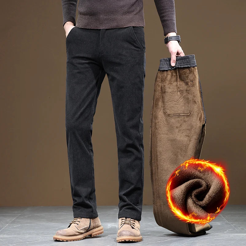 2024 New Men’s Winter Fleece-Lined Corduroy Pants – Slim Fit, Stretchy, Thickened Casual & Business Trousers in Gray & Khaki