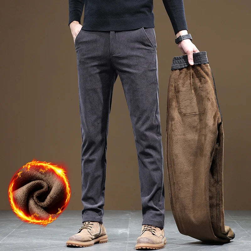 2024 New Men’s Winter Fleece-Lined Corduroy Pants – Slim Fit, Stretchy, Thickened Casual & Business Trousers in Gray & Khaki