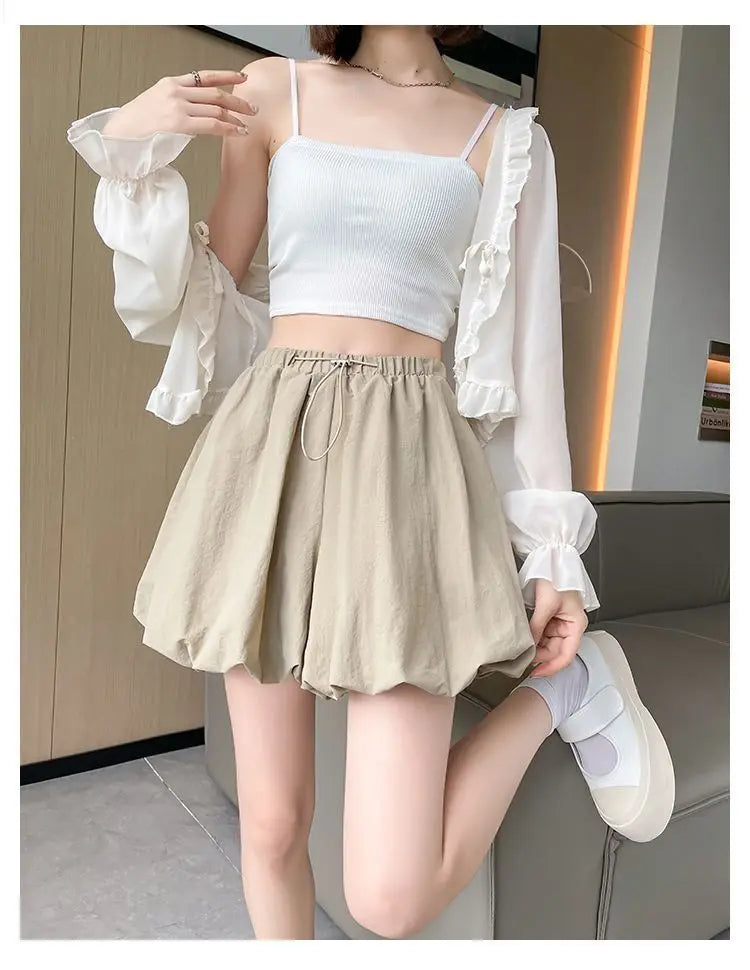 Women's High-Waist Lantern Shorts – Casual Summer Streetwear with Pockets, Relaxed Fit for Students, Youth, and Everyday Wear