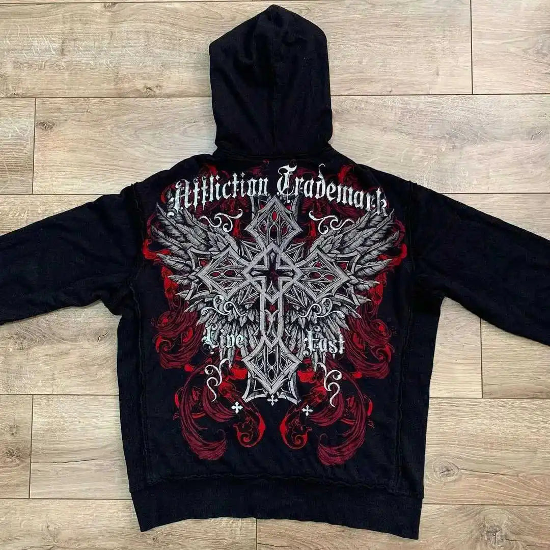 American Y2K-Inspired Oversized Padded Hoodie – Women's Streetwear Hip Hop Zip-Up Sweatshirt, Casual Punk Couple Style Outerwear