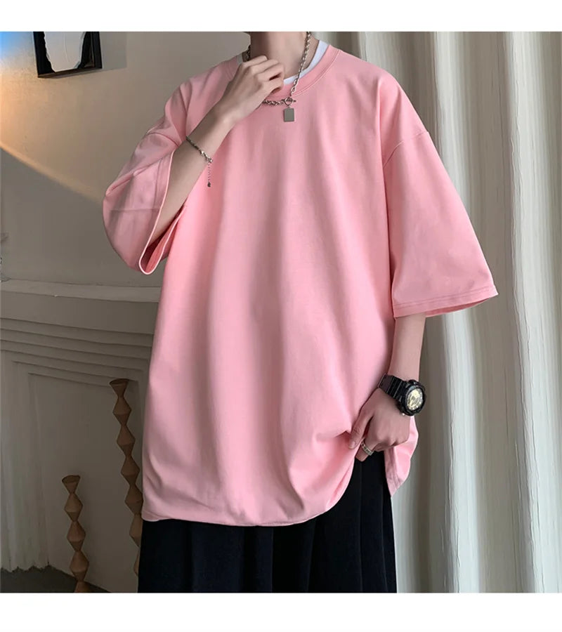 Men’s Oversized White Cotton T-Shirt – Solid Color Summer Casual Fashion Tee, Size up to 5XL