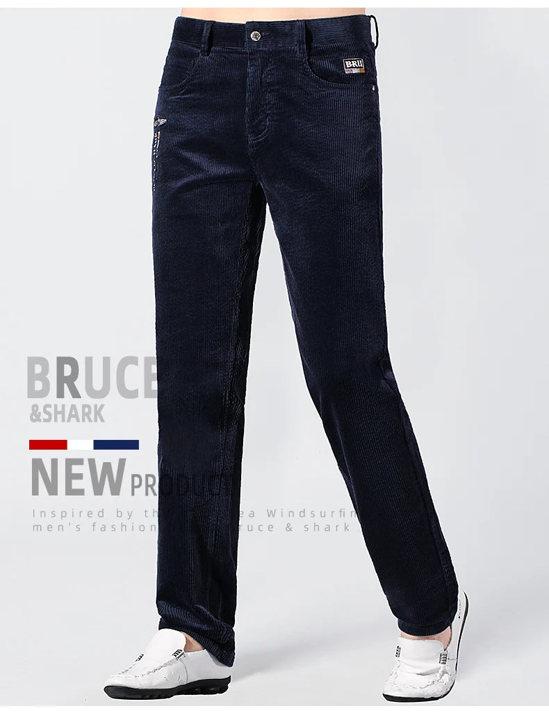 Men’s New Winter Stretch Corduroy Pants by Bruce & Shark – Thickened Cotton Casual Trousers, Loose Fit, Mid-Rise, Fashionable, Available up to Size 40