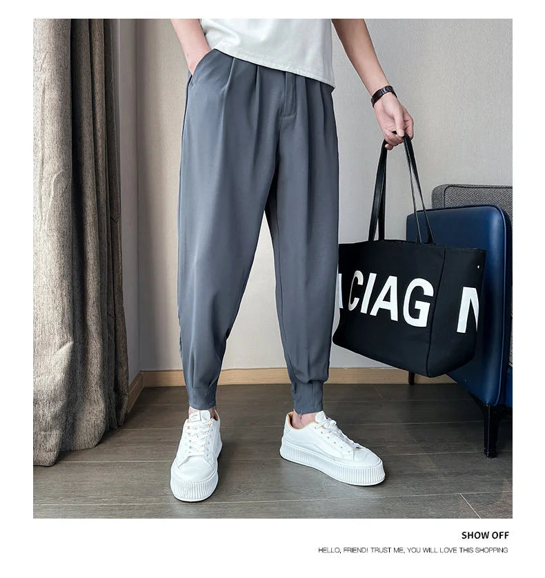 Men’s Spring & Summer Casual Solid Color Ice Silk Trousers — Korean Style Slim Ankle Pants with Zipper Detail, Smooth & Lightweight for a Handsome Look