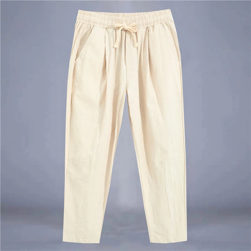 Men's Casual Cotton-Linen Pants – Breathable Loose-Fit Straight-Leg Drawstring Trousers in Solid Colors, Stylish Summer Streetwear