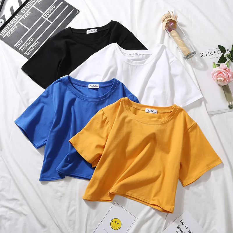 Women’s Summer Casual Cotton Short Sleeve Crop Top – Solid Color O-Neck Loose Fit T-ShirtT