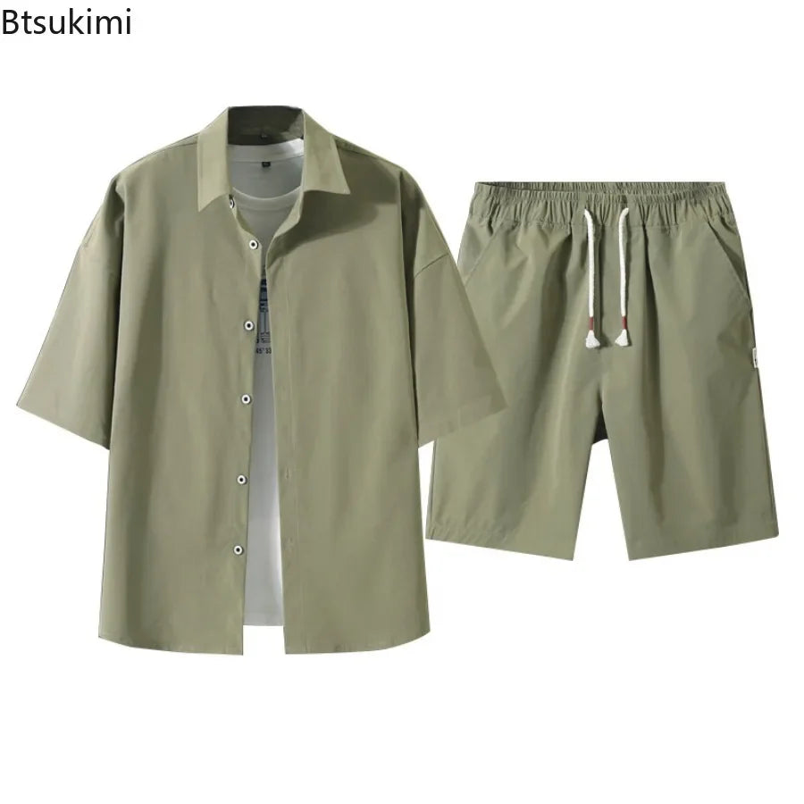 2025 Trendy Korean-Style Men's Summer Outfit – Casual Two-Piece Set Featuring Short Sleeve Shirt & Matching Shorts, Stylish High Street Look for Daily & Streetwear Fashion