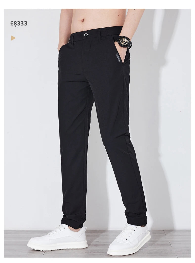 Men's Summer Silk-Feel Stretch Trousers – Lightweight Classic Business Casual Pants with Elastic Waist – Korean Style Smooth Suit Pants in Black or Gray