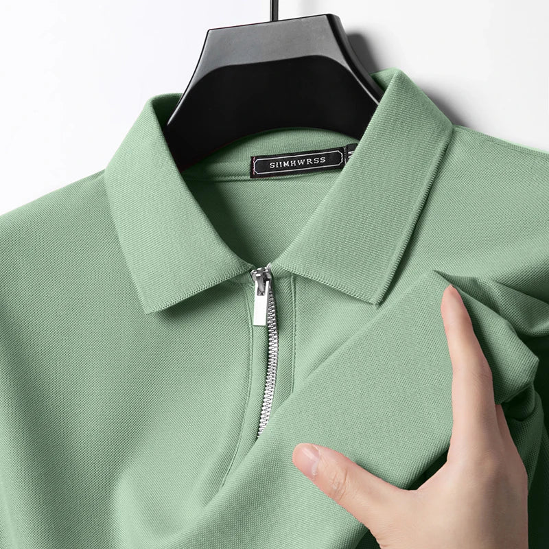 2025 Summer Men’s Slim Fit Polo Shirt with Flip Collar and Breathable Half-Zip Short Sleeves – Solid Color Comfortable Casual Tee