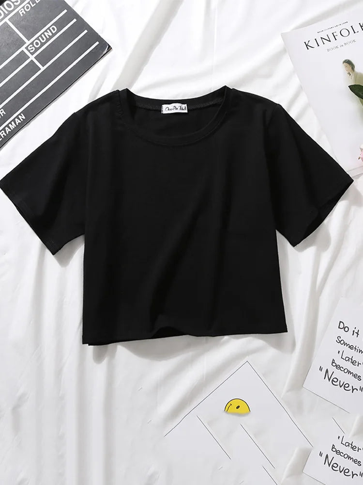 Women’s Summer Casual Cotton Short Sleeve Crop Top – Solid Color O-Neck Loose Fit T-ShirtT