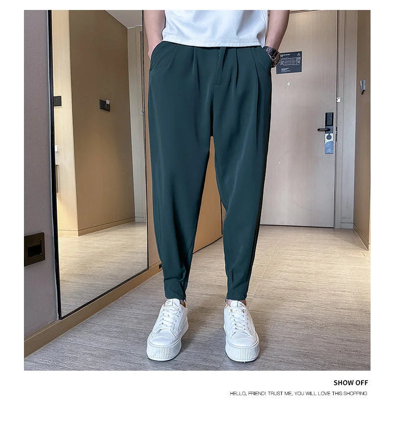 Men’s Spring & Summer Casual Solid Color Ice Silk Trousers — Korean Style Slim Ankle Pants with Zipper Detail, Smooth & Lightweight for a Handsome Look