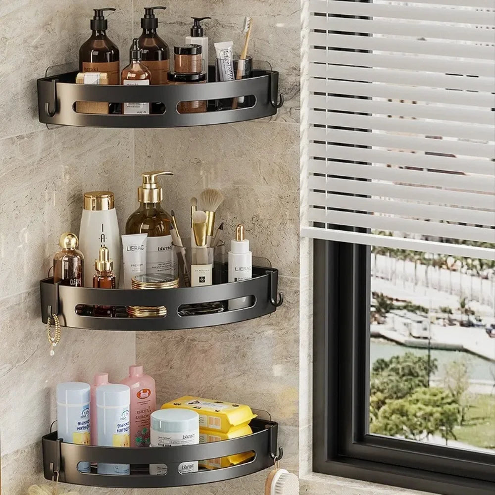 No-Drill Bathroom Organizer Shelves Kitchen Corner Rack for Shampoo, Makeup, Shower, and Towel Storage