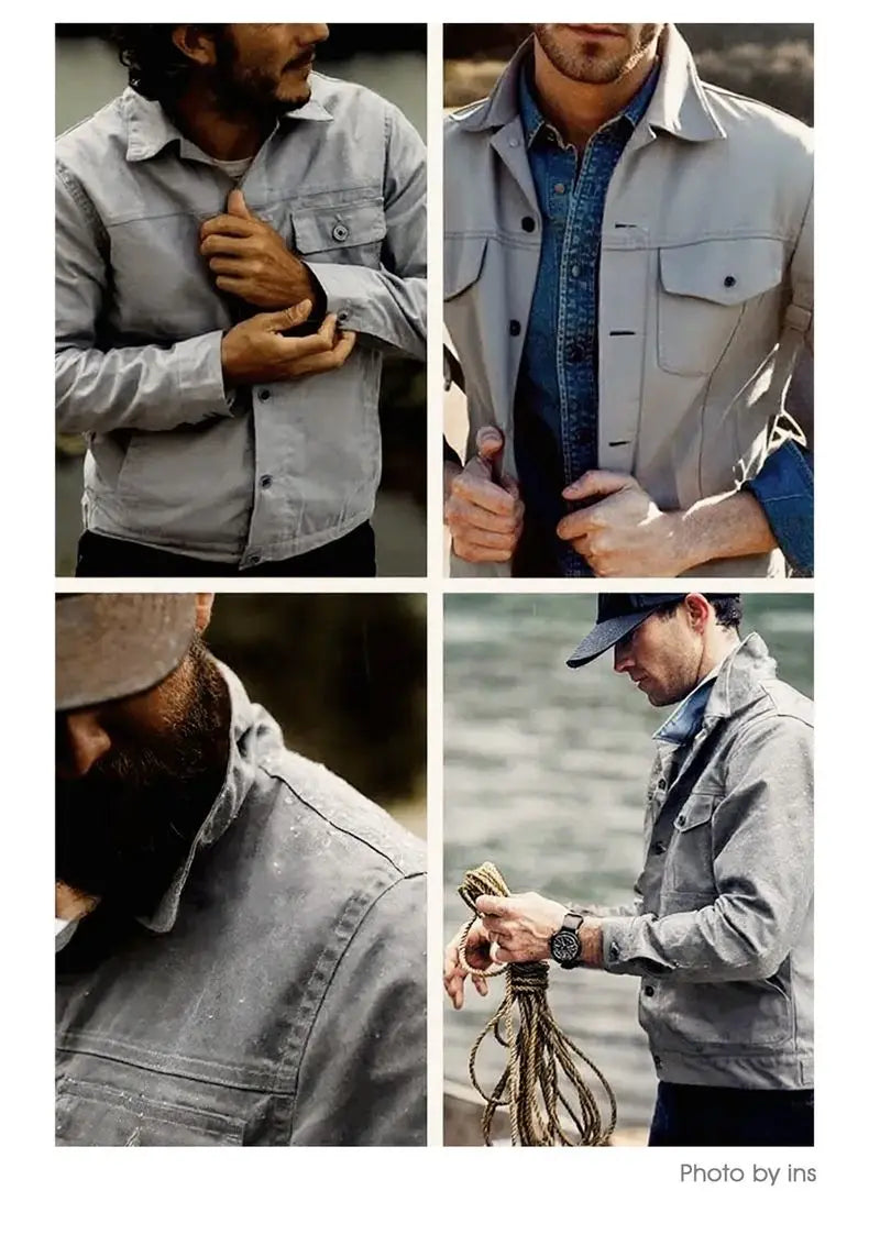 Maden Men's Vintage Grey Canvas Oil-Waxed Waterproof Hunting Jacket with Double Pleats and Patch Pockets for Autumn
