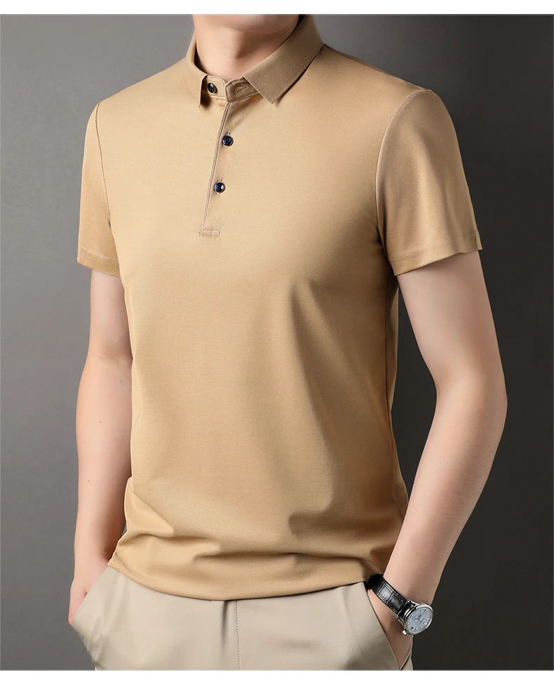 Premium Men's Polo Shirt – Luxury Summer Short Sleeve Casual Top Made with 4.7% Mulberry Silk – Plain Design, Elegant and Stylish 