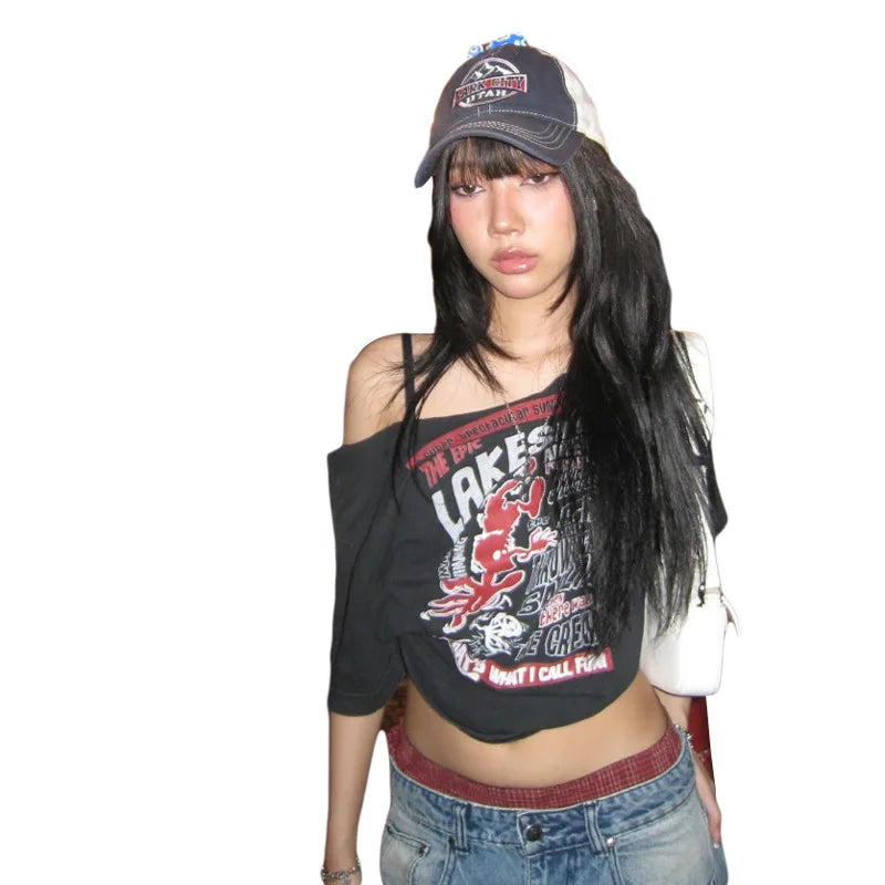 Y2K Gothic Off-Shoulder Crop Top – Women's Punk Style Letter Print T-Shirt, Harajuku Aesthetic Grunge Streetwear for Summer