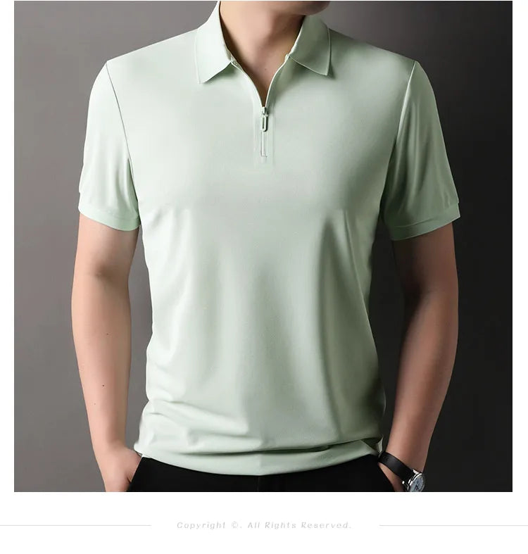 Men’s Slim Fit Half-Zip Polo Shirt – Light Beige Stretch Cotton Casual Top with Classic Collar