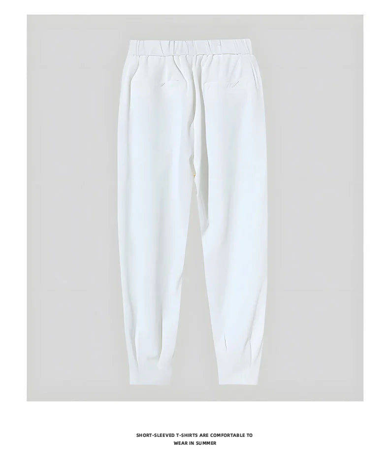 Men’s Spring & Summer Casual Solid Color Ice Silk Trousers — Korean Style Slim Ankle Pants with Zipper Detail, Smooth & Lightweight for a Handsome Look