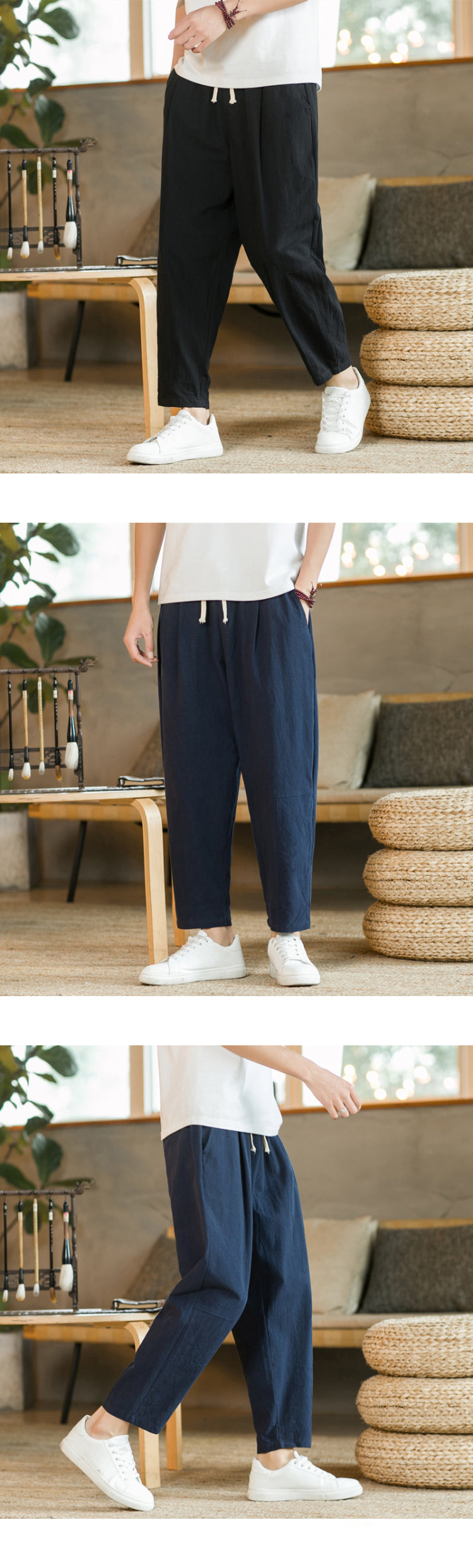 Men's Casual Cotton-Linen Pants – Breathable Loose-Fit Straight-Leg Drawstring Trousers in Solid Colors, Stylish Summer Streetwear