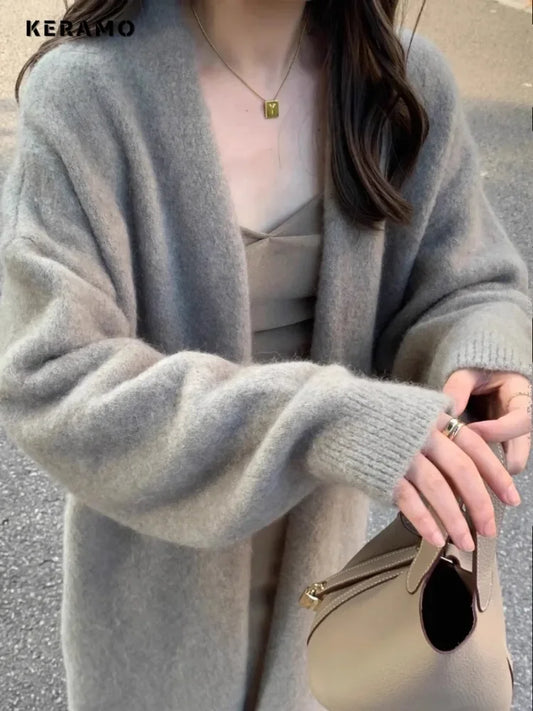 2024 Winter Oversized Long Knit Cardigan for Women – Vintage Solid Color Warm Casual Sweater with Long Sleeves