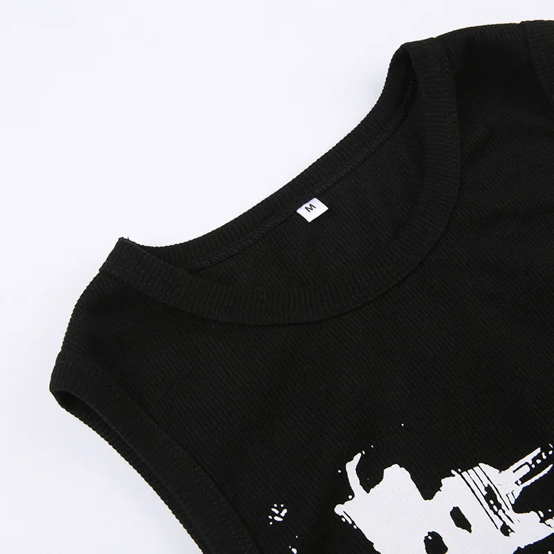 Y2K Ribbed Sleeveless Crop Tank Top for Women – Guitar Print Grunge Harajuku 90s Streetwear Casual Vest Tee