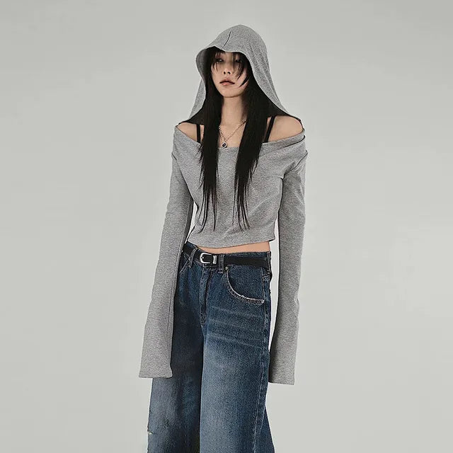 Y2K Aesthetic Women's Hooded Crop Top – Casual Streetwear Slim Fit Off-Shoulder Long Sleeve Tee with Grunge Style